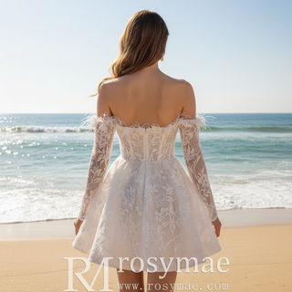 Bohemian Glamour Fairytale-Inspired Off- Shoulder Mini Wedding Dress with Feather Trim
