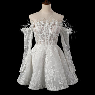 Bohemian Glamour Fairytale-Inspired Off- Shoulder Mini Wedding Dress with Feather Trim
