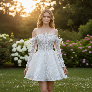 Bohemian Glamour Fairytale-Inspired Off- Shoulder Mini Wedding Dress with Feather Trim