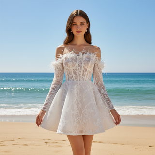 Bohemian Glamour Fairytale-Inspired Off- Shoulder Mini Wedding Dress with Feather Trim