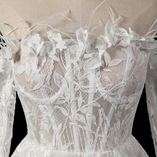 Bohemian Glamour Fairytale-Inspired Off- Shoulder Mini Wedding Dress with Feather Trim