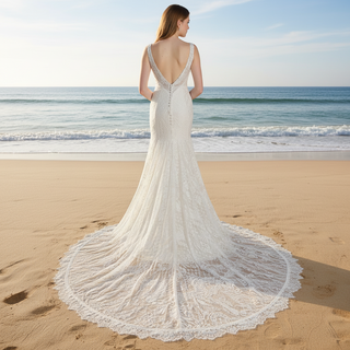 Fit and Flare Lace Wedding Dresses Mermaid Bridal Gowns with Train