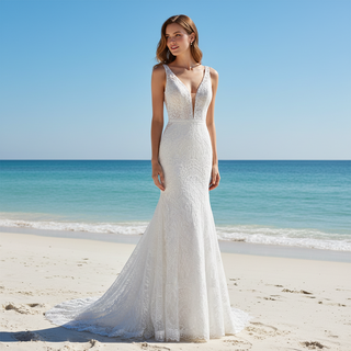 Fit and Flare Lace Wedding Dresses Mermaid Bridal Gowns with Train