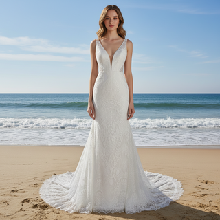 Fit and Flare Lace Wedding Dresses Mermaid Bridal Gowns with Train