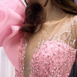 Heavily Beaded Pink Mermaid Wedding Dress with Cathedral Train and 3D Floral Detail