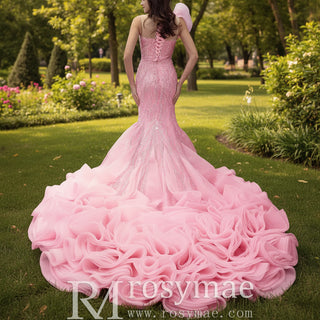Heavily Beaded Pink Mermaid Wedding Dress with Cathedral Train and 3D Floral Detail