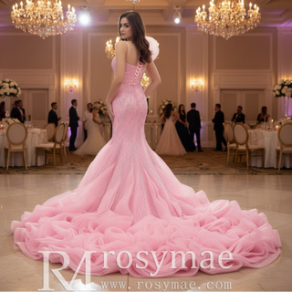 Heavily Beaded Pink Mermaid Wedding Dress with Cathedral Train and 3D Floral Detail