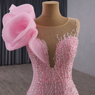 Heavily Beaded Pink Mermaid Wedding Dress with Cathedral Train and 3D Floral Detail