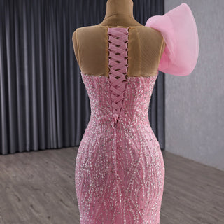 Heavily Beaded Pink Mermaid Wedding Dress with Cathedral Train and 3D Floral Detail