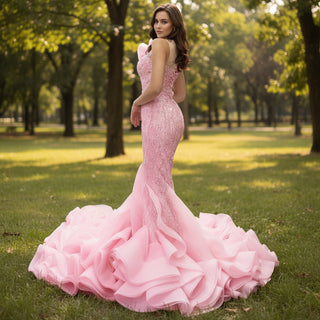 Heavily Beaded Pink Mermaid Wedding Dress with Cathedral Train and 3D Floral Detail