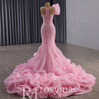 Heavily Beaded Pink Mermaid Wedding Dress with Cathedral Train and 3D Floral Detail