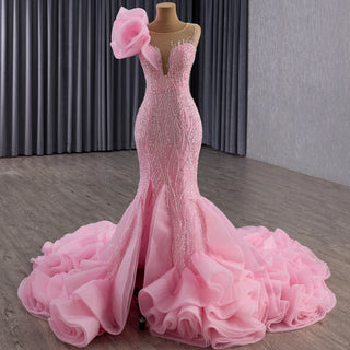 Heavily Beaded Pink Mermaid Wedding Dress with Cathedral Train and 3D Floral Detail