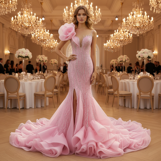 Heavily Beaded Pink Mermaid Wedding Dress with Cathedral Train and 3D Floral Detail