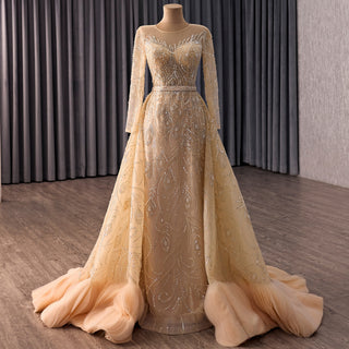 Mermaid Wedding Dress with Heavy Beading Detachable Overskirt & Boat Neckline