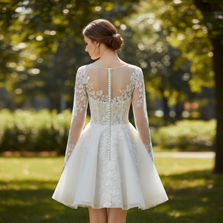 Short A-Line Bridal Wedding Dress with Illusion Sweetheart Bodice Long Lace Sleeves