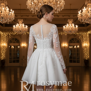 Short A-Line Bridal Wedding Dress with Illusion Sweetheart Bodice Long Lace Sleeves