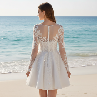 Short A-Line Bridal Wedding Dress with Illusion Sweetheart Bodice Long Lace Sleeves