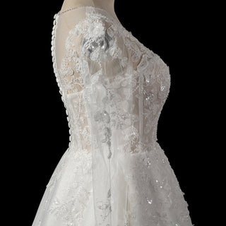 Short A-Line Bridal Wedding Dress with Illusion Sweetheart Bodice Long Lace Sleeves