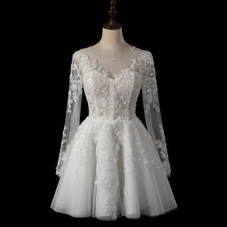 Short A-Line Bridal Wedding Dress with Illusion Sweetheart Bodice Long Lace Sleeves