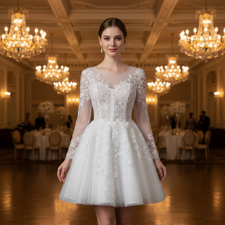 Short A-Line Bridal Wedding Dress with Illusion Sweetheart Bodice Long Lace Sleeves