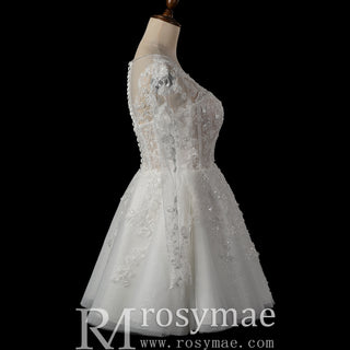 Short A-Line Bridal Wedding Dress with Illusion Sweetheart Bodice Long Lace Sleeves