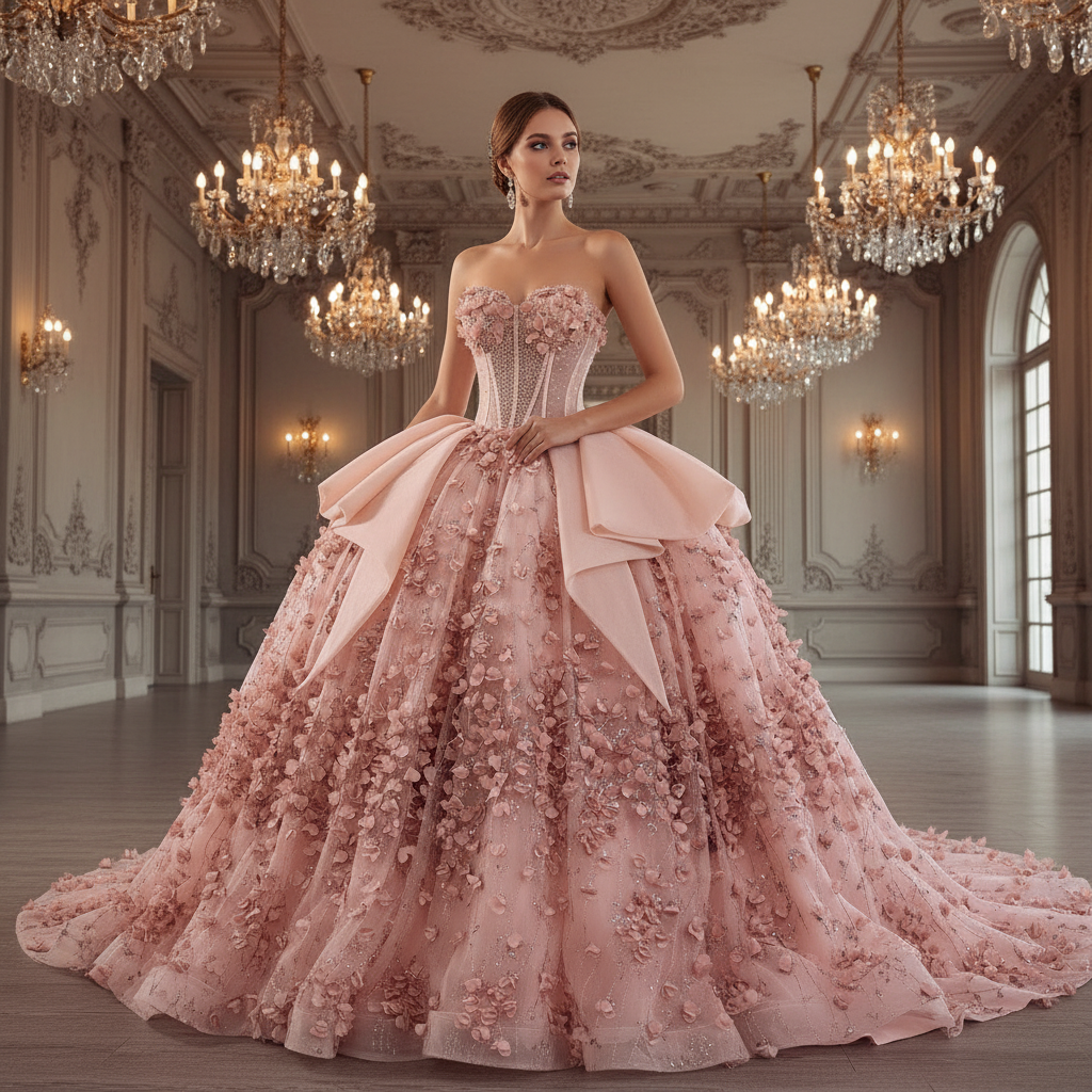 Luxury Blush Puffy 3D Flowers Quinceanera Dress with Detachable Bowkno Rosymae Luxury Blush Puffy 3D Flowers Quinceanera Dress with Detachable Bowkno Rosymae