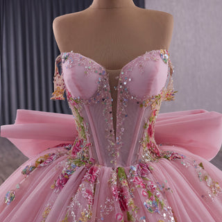 Fairy Luxury Pink Quinceanera Dress with Detachable Bowknot