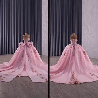 Fairy Luxury Pink Quinceanera Dress with Detachable Bowknot
