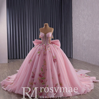 Fairy Luxury Pink Quinceanera Dress with Detachable Bowknot