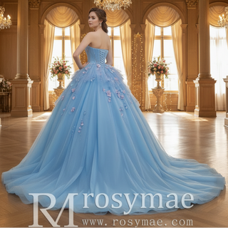 Sky Blue Sweetheart Puffy 3D Flowers Quinceanera Dresses