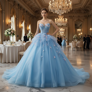 Sky Blue Sweetheart Puffy 3D Flowers Quinceanera Dresses