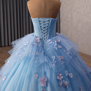 Sky Blue Sweetheart Puffy 3D Flowers Quinceanera Dresses