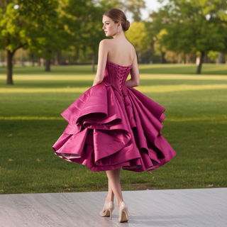 Fuchsia-Satin-Strapless-Pleats-Homecoming-Dress
