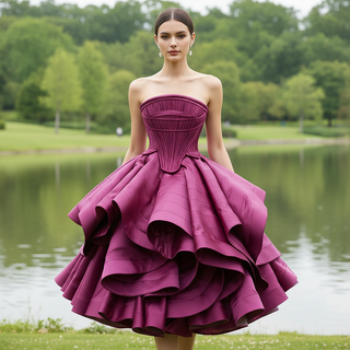 Tiered Ruffled Ssatin Homecoming Dress Strapless Short Prom Gown