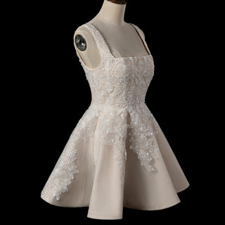 Romantic Fairytale Mini Wedding Dress with Square Neckline & Glitter-Infused Tulle