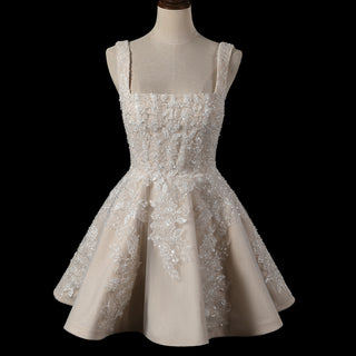 Romantic Fairytale Mini Wedding Dress with Square Neckline & Glitter-Infused Tulle