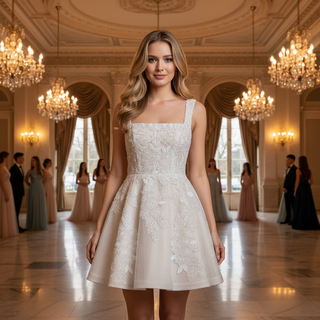 Romantic Fairytale Mini Wedding Dress with Square Neckline & Glitter-Infused Tulle