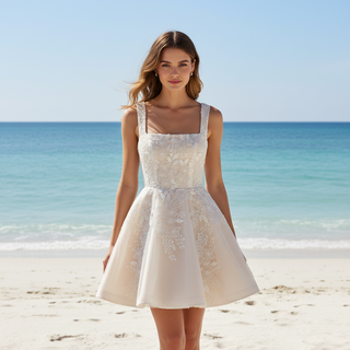 Romantic Fairytale Mini Wedding Dress with Square Neckline & Glitter-Infused Tulle