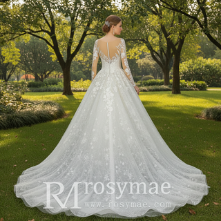 Princess Lace Ball Gown Wedding Dress Illusion Long Sleeve