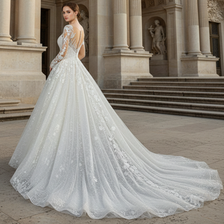 Princess Lace Ball Gown Wedding Dress Illusion Long Sleeve