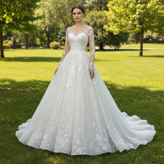Princess Lace Ball Gown Wedding Dress Illusion Long Sleeve