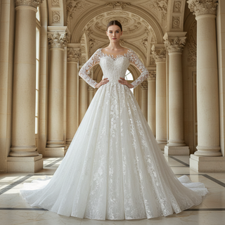 Princess Lace Ball Gown Wedding Dress Illusion Long Sleeve