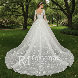 Unique Long Sleeve Ball Gown Wedding Dress with Sheer Neckline