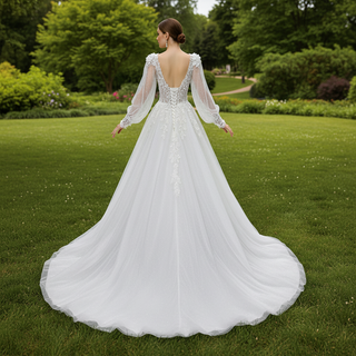 Deep V-Neck A-Line Puff Bishop Sleeves Wedding Dress with 3D Floral Lace Appliqués