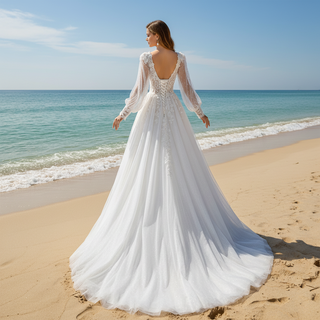 Deep V-Neck A-Line Puff Bishop Sleeves Wedding Dress with 3D Floral Lace Appliqués