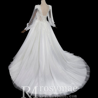 Deep V-Neck A-Line Puff Bishop Sleeves Wedding Dress with 3D Floral Lace Appliqués
