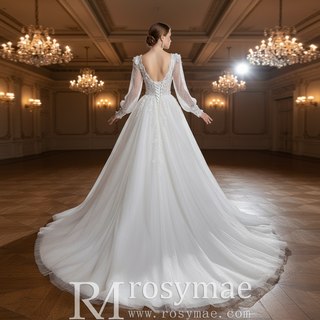 Deep V-Neck A-Line Puff Bishop Sleeves Wedding Dress with 3D Floral Lace Appliqués