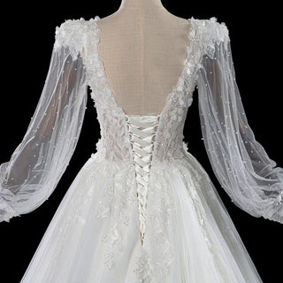 Deep V-Neck A-Line Puff Bishop Sleeves Wedding Dress with 3D Floral Lace Appliqués
