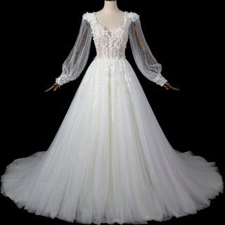 Deep V-Neck A-Line Puff Bishop Sleeves Wedding Dress with 3D Floral Lace Appliqués