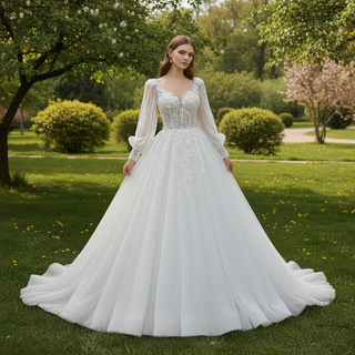 Deep V-Neck A-Line Puff Bishop Sleeves Wedding Dress with 3D Floral Lace Appliqués